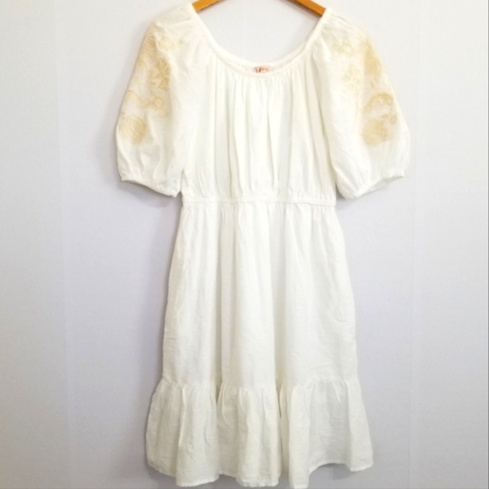 KNOX ROSE Embroidered Off-white & Ivory Puff Sleeve Cotton Viscose Dress